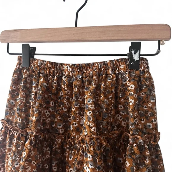 Girls Brown Floral Ruffle Skirt – Youth Size M, Elastic Waist, Boho - Picture 3 of 6